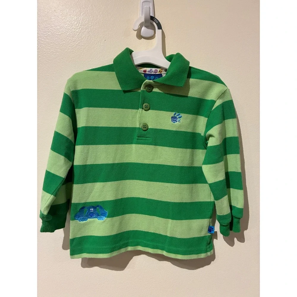Blues Clues Kids Green Striped Long Sleeve Polo Shirt 4T Steve Costume Logo